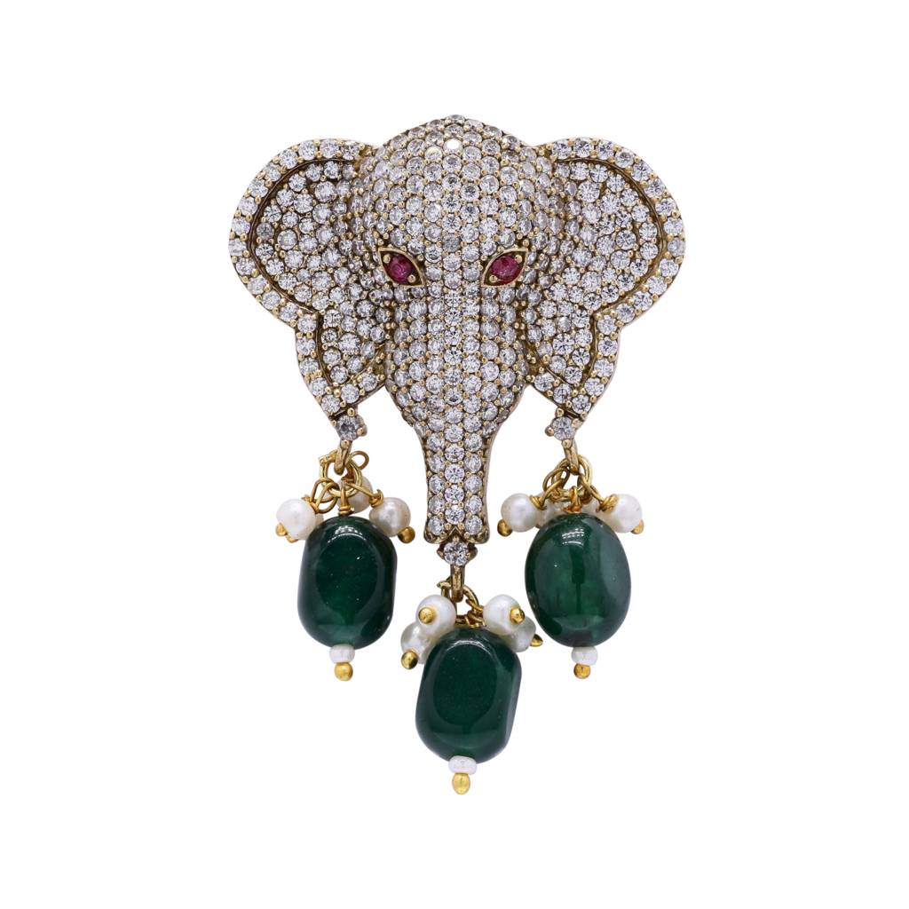 Antique Gold Finish Lord Ganesha Unisex Brooch For Men And Women With Emerald Drops : 900004