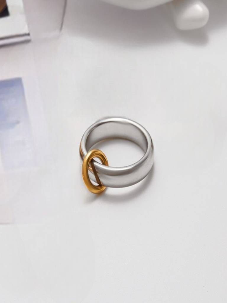 Mixed Metal Two Tone Statement Ring With Loop Anti-Tarnish Waterproof 18K Gold Plated For Women : AWX0925R7006GS8