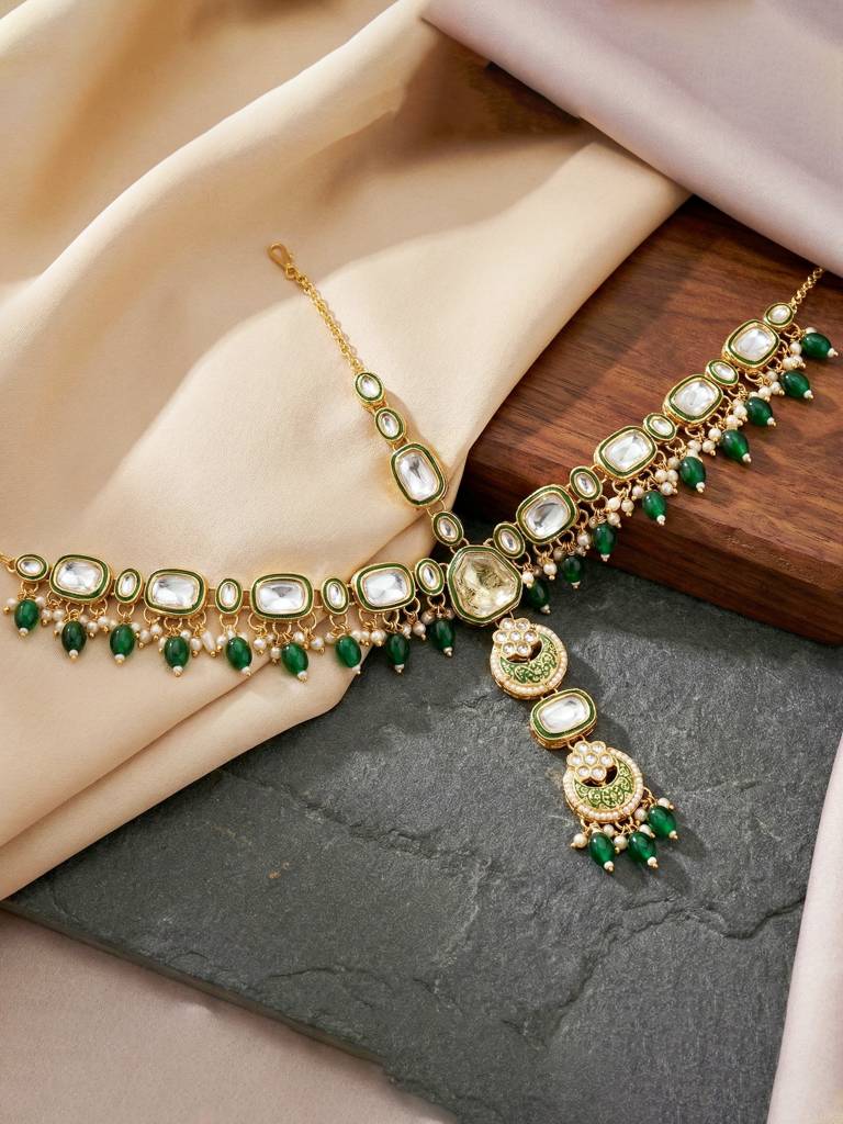 Gold Plated Kundan Green Beads Choker Jewellery Set For Women | Green Meenakari Bridal Ethnic Necklace Set W : 4554-IZS-0003-G