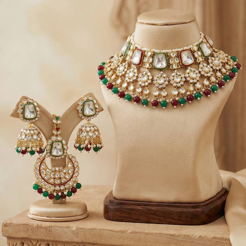 18 Kt Gold Plated Bridal & Semi-Bridal Necklace Set With Earrings, Maang Tikka & Nath : 2476-M8SK-1101-MG