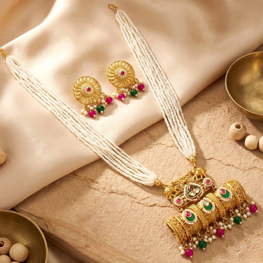 Gold-Tone Temple Pearl Necklace Set With Matching Earrings – Traditional Party & Wedding Wear : 1215-KSM-35204-RG
