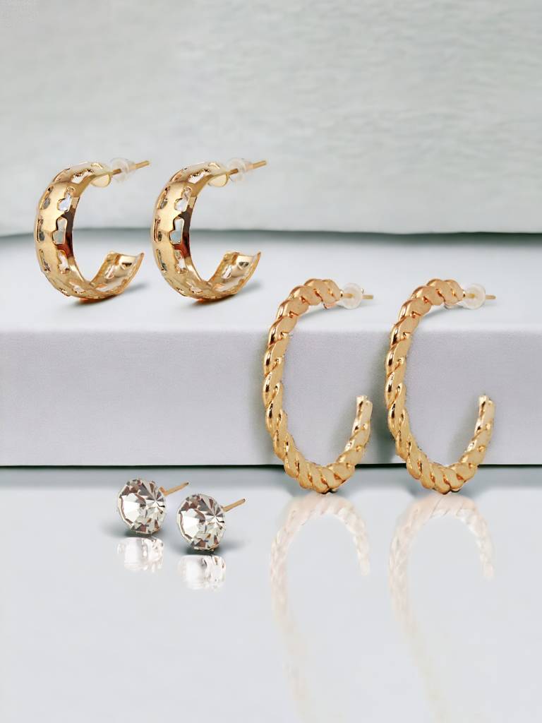 9 Pairs Combo Earrings- Gold Plated Stone Studs, Chain Link Danglers And C Shaped Drops : 225-CHEX-1157-9