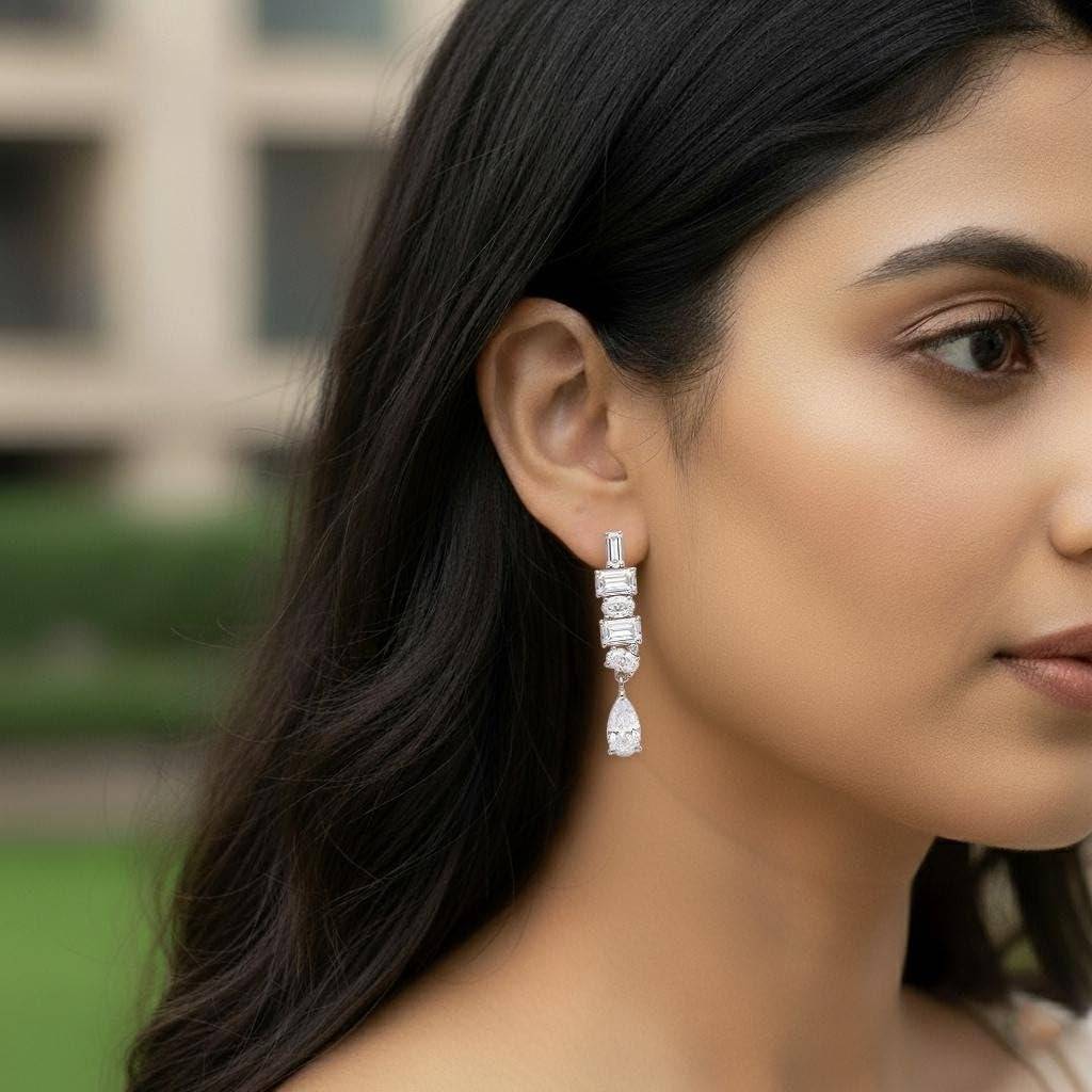 925 Silver Baguette Teardrop Cz Dangle Earrings Bridal : SE_000963