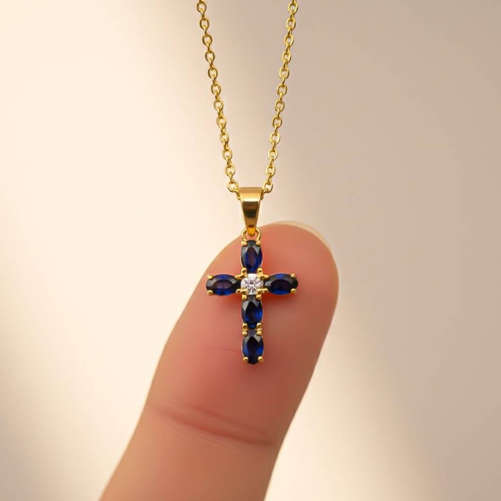 Silver Blue Sapphire Cross Pendant : ZLP-1167