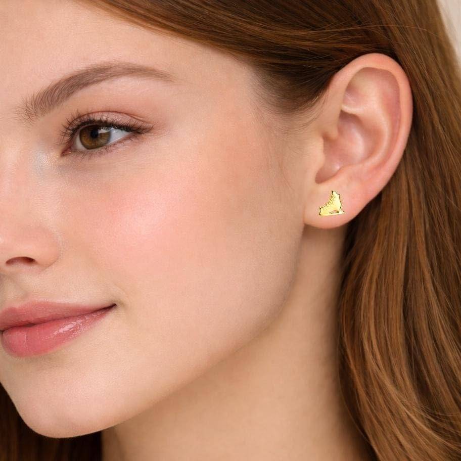 925 Silver Skate Shoe Stud Earrings Gold Finish Sporty : SE_000989