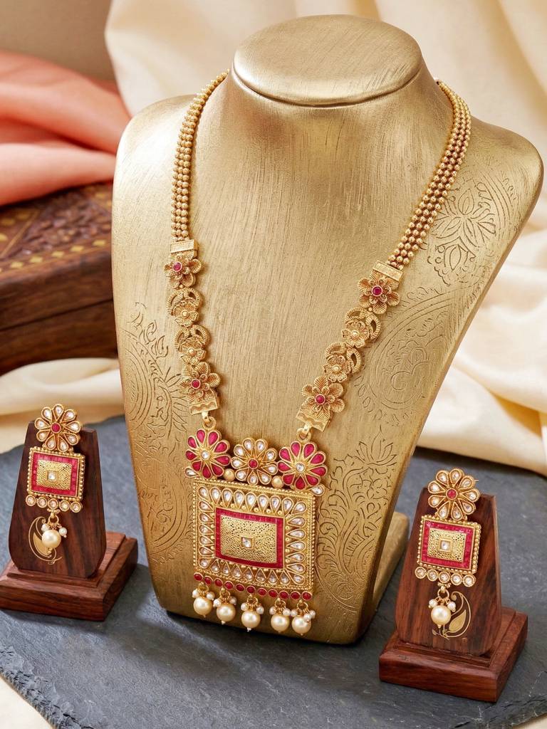 Gold-Plated Traditional Necklace Set With Earrings For Women | Ruby Color Ethnic Jewellery | Festive Wedding  : 726-G2SR-197-R