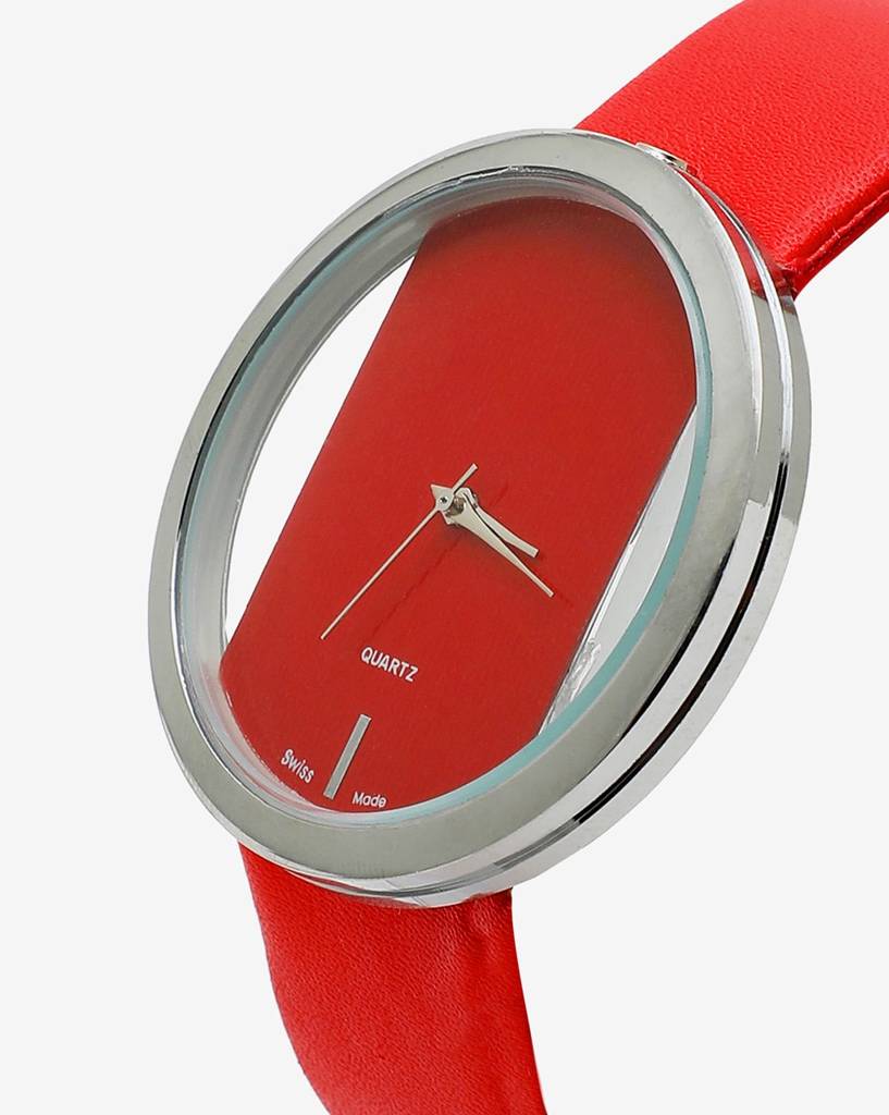 Transparent Analog Round Dial With Red Leather Strap : HSWC1002