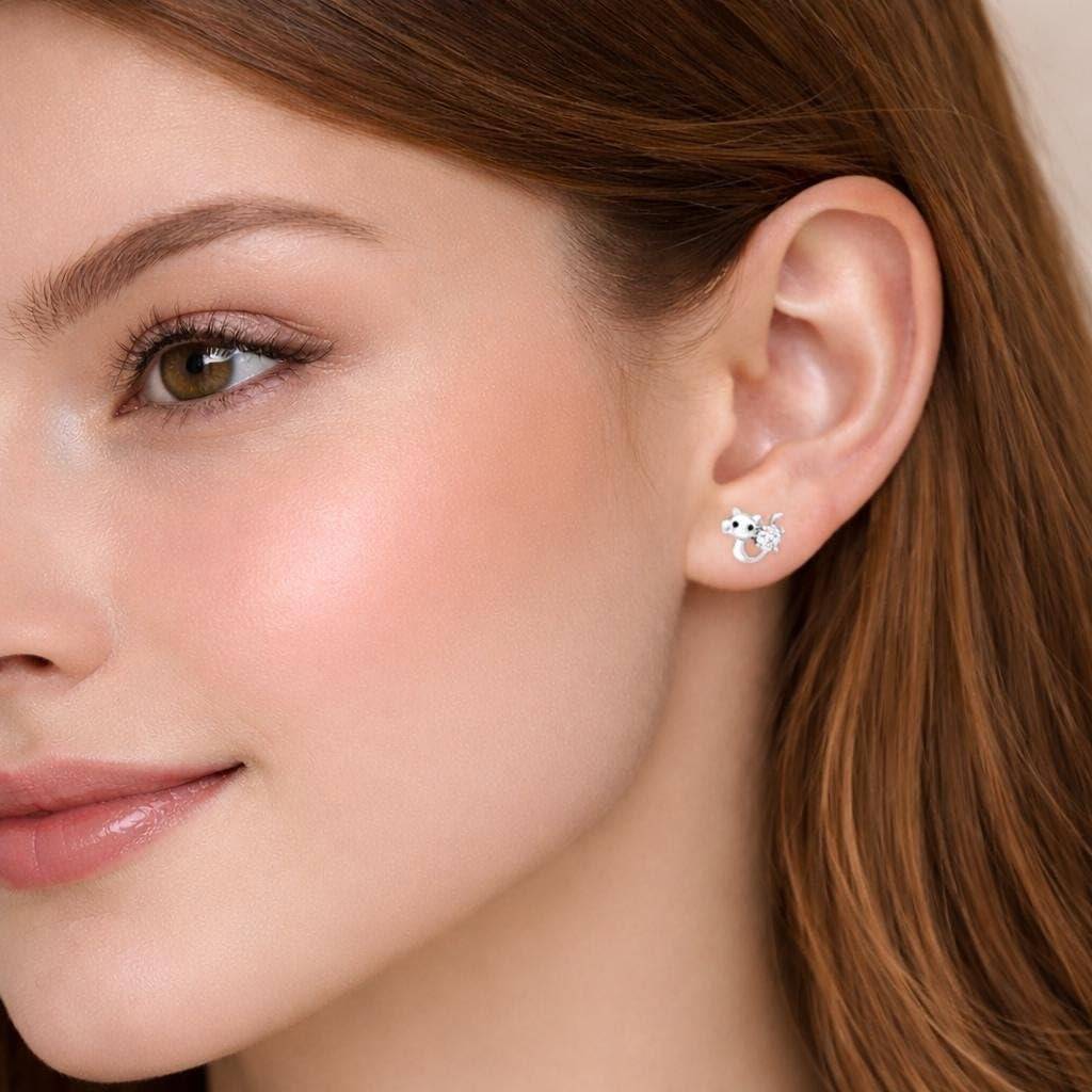 925 Silver Cat Stud Earrings Round Cz Pet : SE_000987