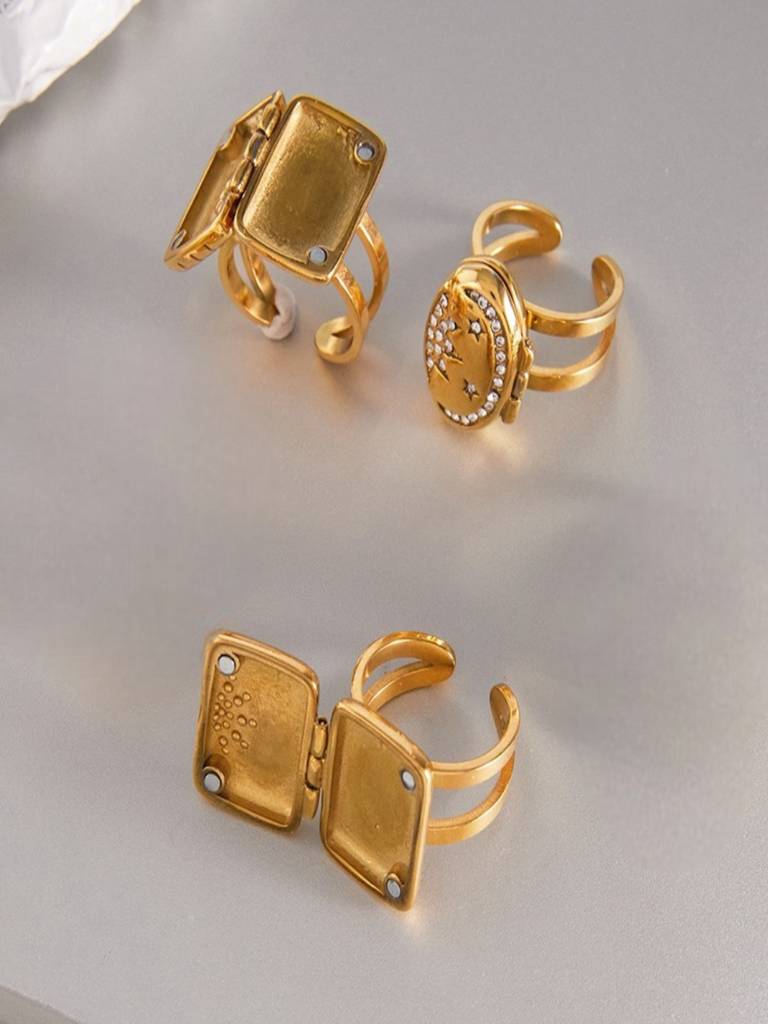 Photo Locket Statement Ring Anti-Tarnish Waterproof 18K Gold Plated For Women : AWX0925R8015