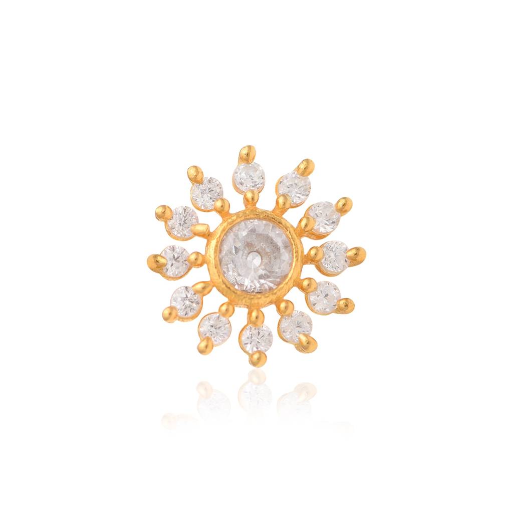 White Cz Sunburst Design Nose Pin - Sterling Silver Gold Plated : NP-00127_SW277_925S_YG
