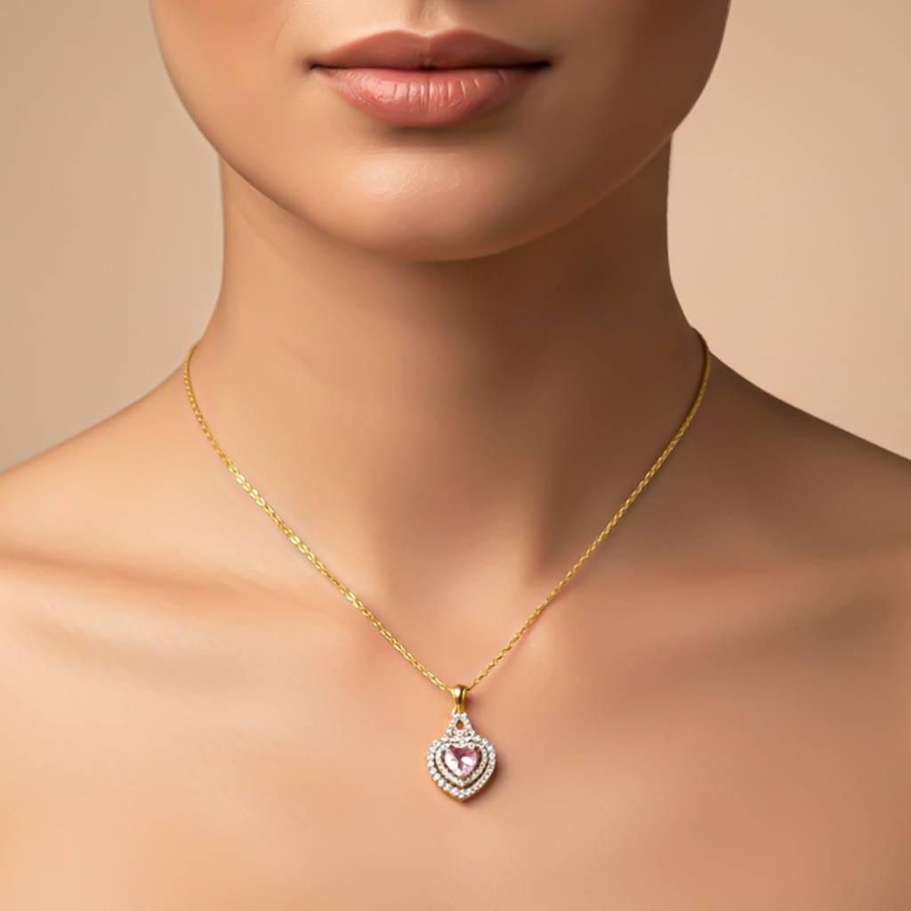 Silver Pink Sapphire Heart Halo Pendant : ZLP-1166