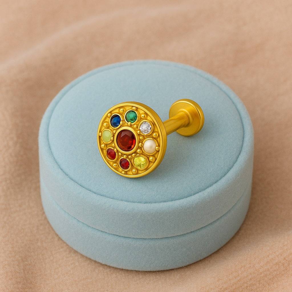 Navratna Round Mandala Multigems Nose Pin 925 Sterling Silver Gold Plated : 0005-NP-snp-0057