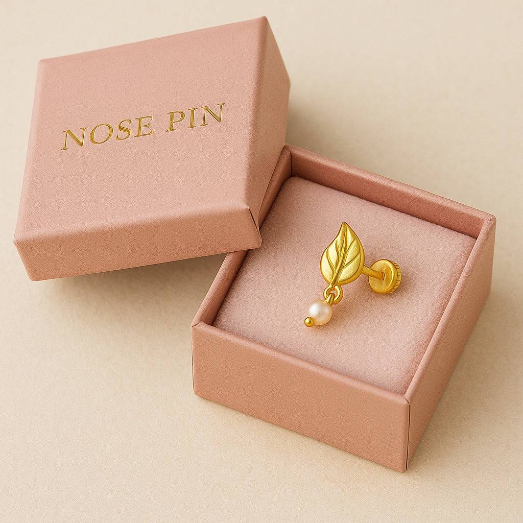 Pearl Drop Leaf Motif Nose Pin 925 Sterling Silver Gold Plated : NP-0028-N-1-snp-0029