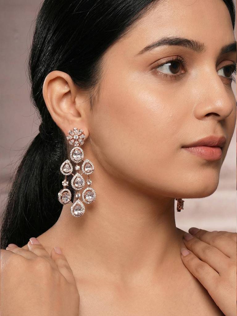 Rose Gold Toned White Zircon Ad Studded Statement Chandelier Drop Earrings : SJER2980