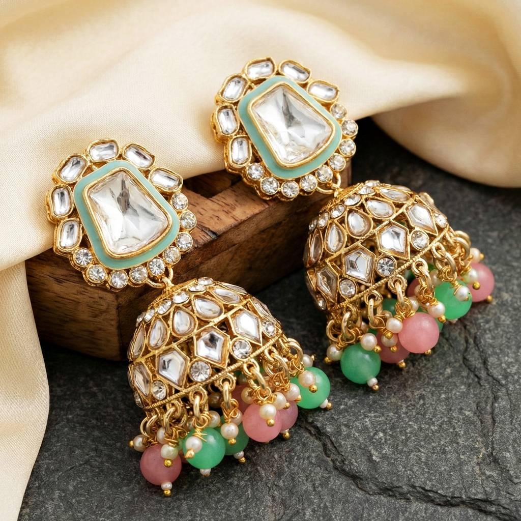 18 Kt Gold Plated Bridal & Semi-Bridal Necklace Set With Earrings, Maang Tikka & Nath : 2476-M8SK-1101-PKMNT