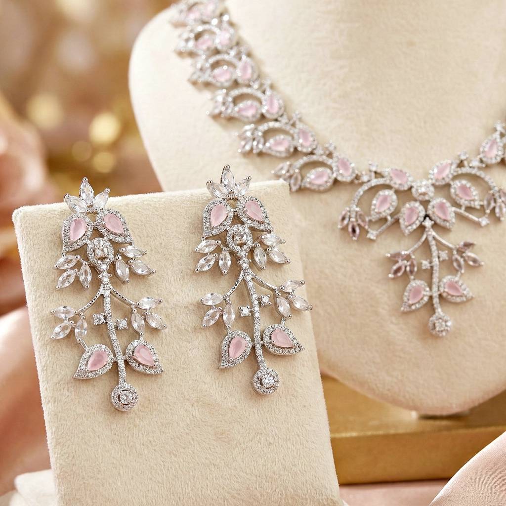 Silver-Tone American Diamond Necklace Set With Earrings For Women – Office, Party & Wedding Wear : 1948-K4SA-2241-PK-S