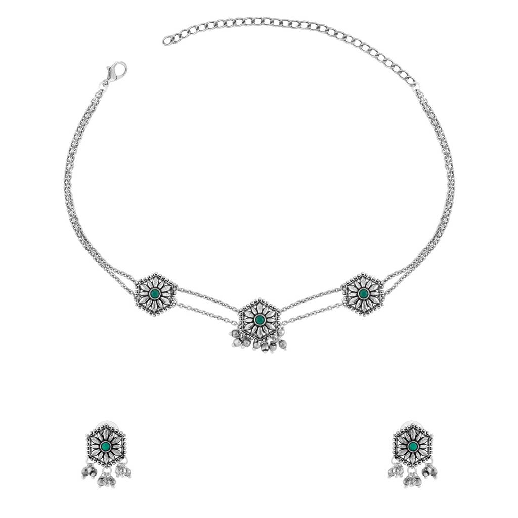 Phulwari Harini Oxidised Floral Choker Necklace Set : 8905124580242