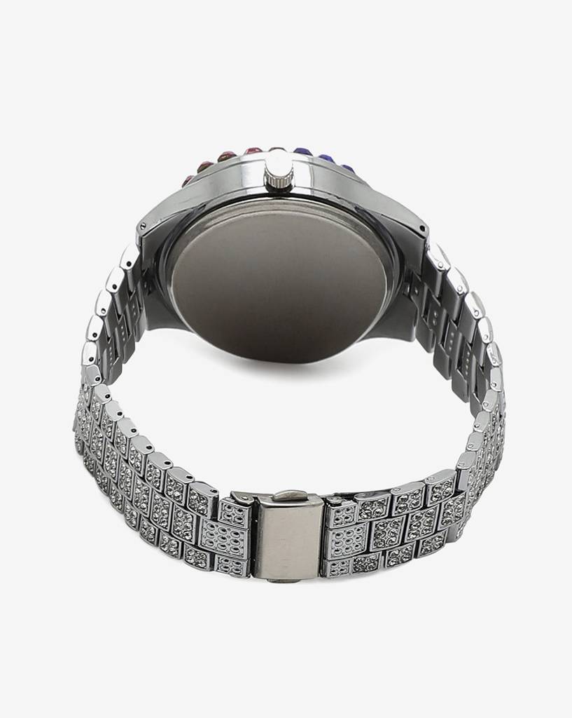 White & Colourful Stones Analog Round Dial With Crystal Stones Silver Metal Strap : HSWC1005