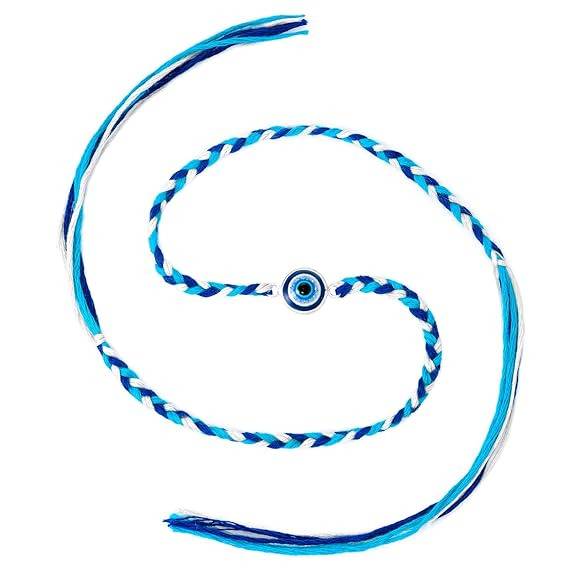 Mens 925 Sterling Silver Evil Eye Studded Rakhi For Brother Bhaiya|Blue & White Thread|Raksha Bandhan Hamper With Rol : R18S20