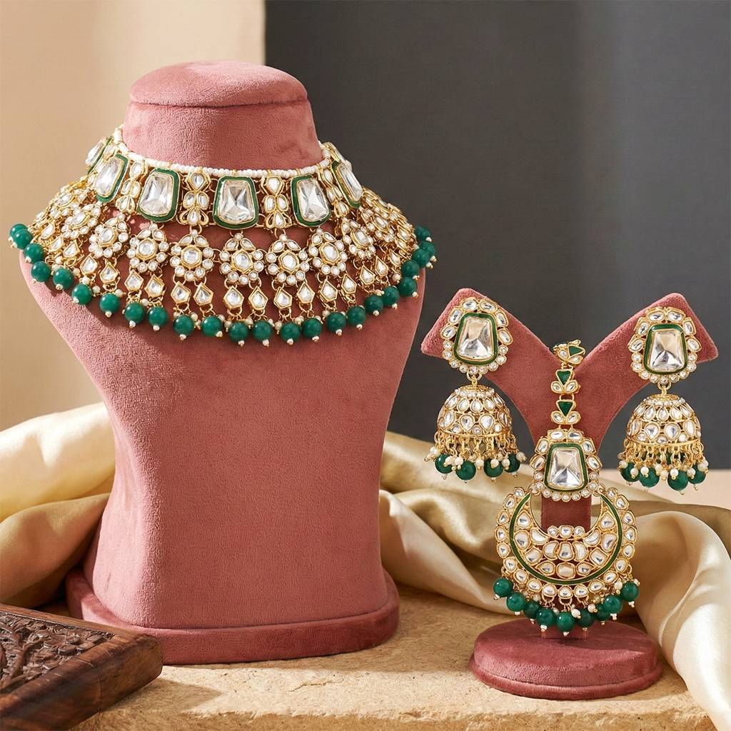 18 Kt Gold Plated Bridal & Semi-Bridal Necklace Set With Earrings, Maang Tikka & Nath : 2476-M8SK-1101-G