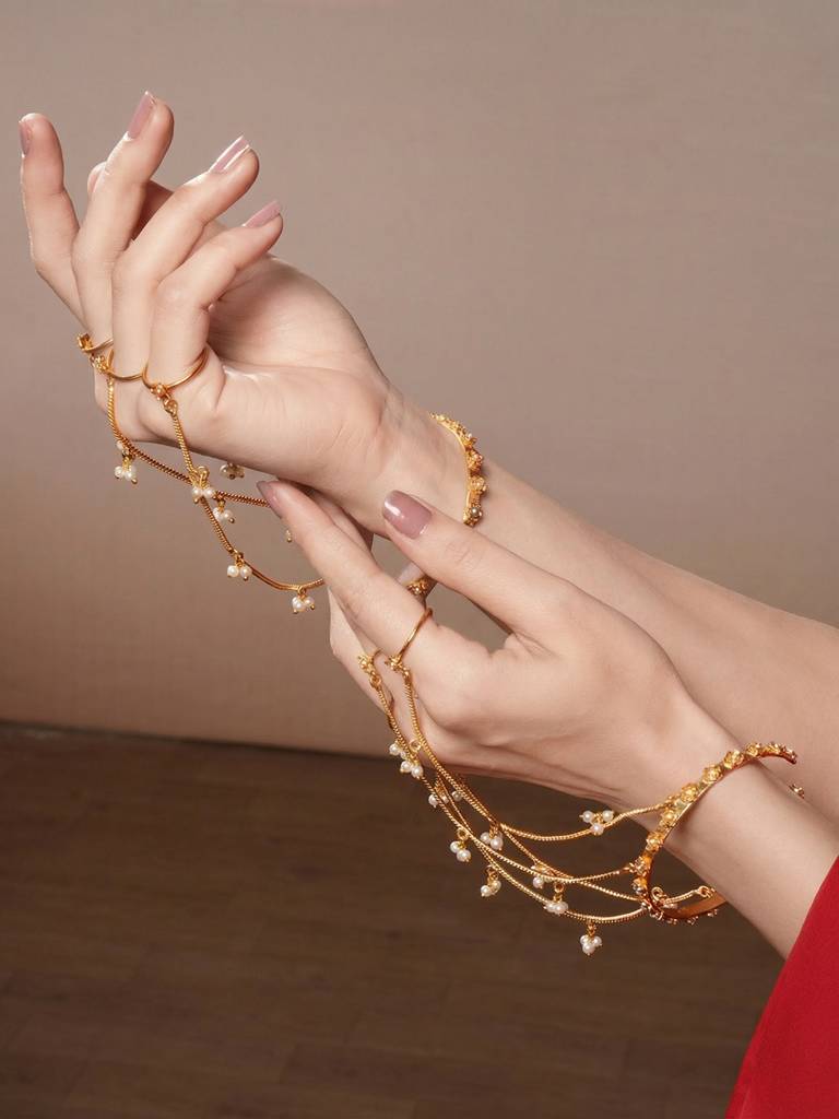 Set Of 2 Gold Plated Pearl Beaded Multi Chain With Rings Minimal Hathphool : SJHP3004