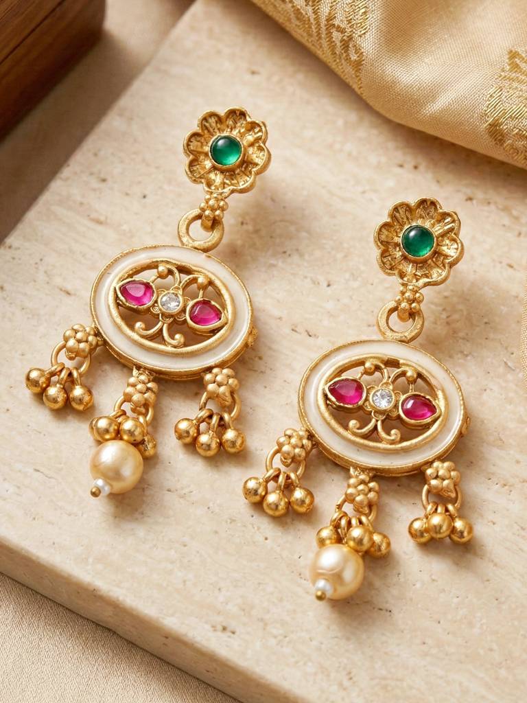 Gold-Plated Meenakari Red & Green Stone Traditional Necklace Set With Earrings For Women | Ethnic Wedding J : 580-G2SR-261-WRG