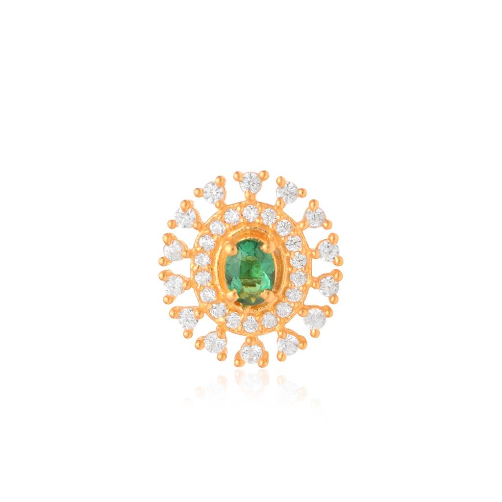 Green Cz Double Halo Nose Pin - Sterling Silver Gold Plated : NP-00202_925S_SW277_GRCZ