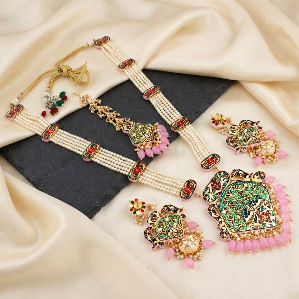 Traditional Turquoise Long Necklace Set For Women |Gold Plated Meenakari Bridal Jewellery Set With Earring : 2970-J5SK-2300-PK