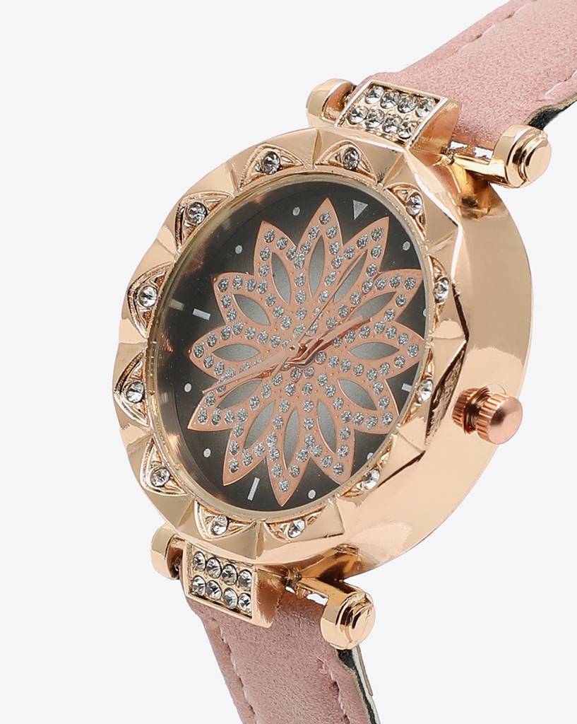 Black & Gold Crystal Stone Decorative Analog Round Dial : HSWC1039