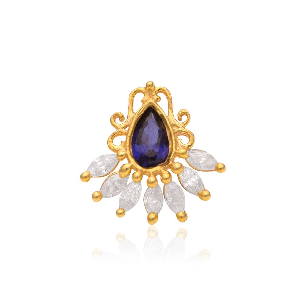 Blue Cz Tear Drop Floral Nose Pin 925 Sterling Silver Gold Plated : NP-00312-BlueCz