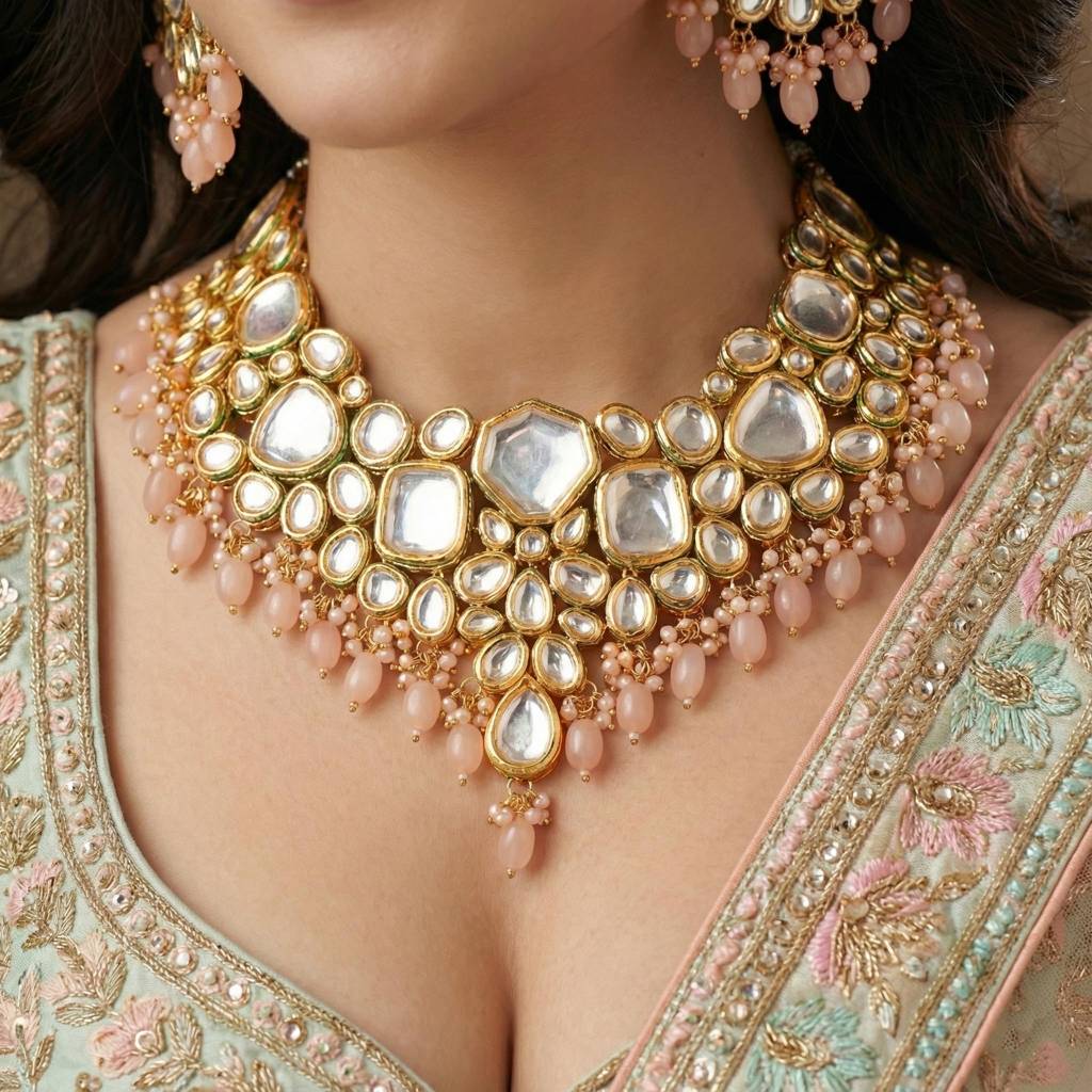 18 Kt Gold Plated Bridal & Semi-Bridal Necklace Set With Earrings & Maang Tikka : 3947-J5SK-1574-PH