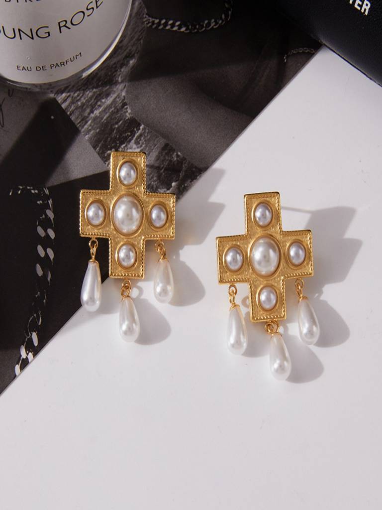 Cross Pearl Dangle Earrings Anti-Tarnish Waterproof 18K Gold Plated For Women : AWX0925E0422
