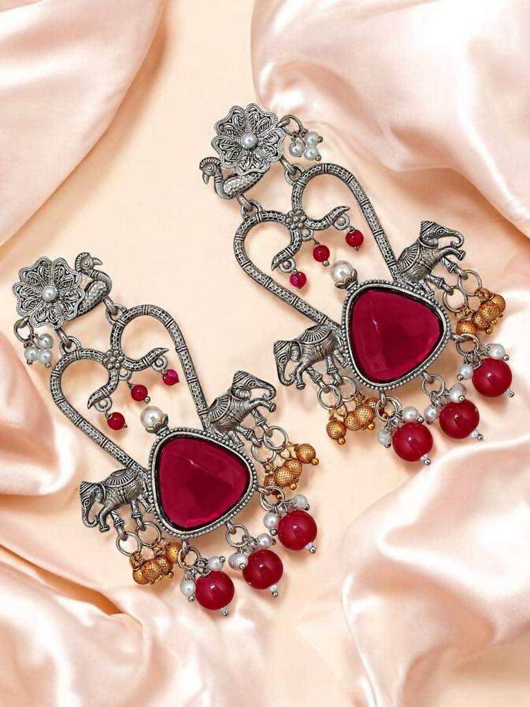 Celebrity-Inspired Oxidised Silver Magenta Color Earrings For Girls & Women : 436-KEO-15227-R-S