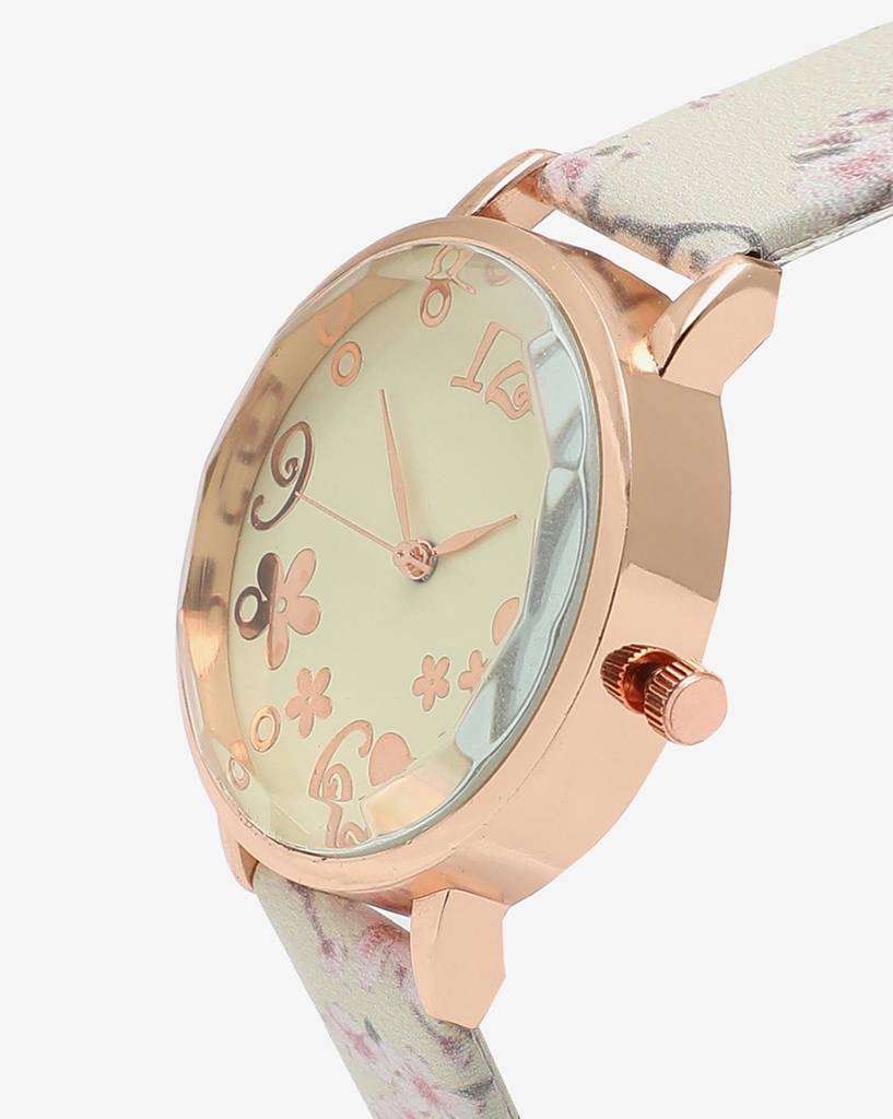 Beige & Champagne Gold Decorative Analog Round Dial With Floral Printed Leather Strap : HSWC1023