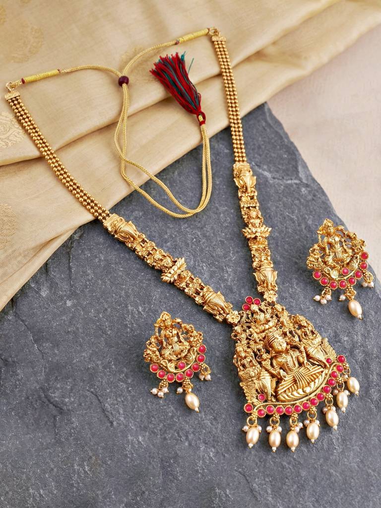 Gold-Plated Temple Jewellery Laxmi Idol Ruby Color Necklace Set With Earrings For Women | Traditional South I : 660-G2SR-196-R