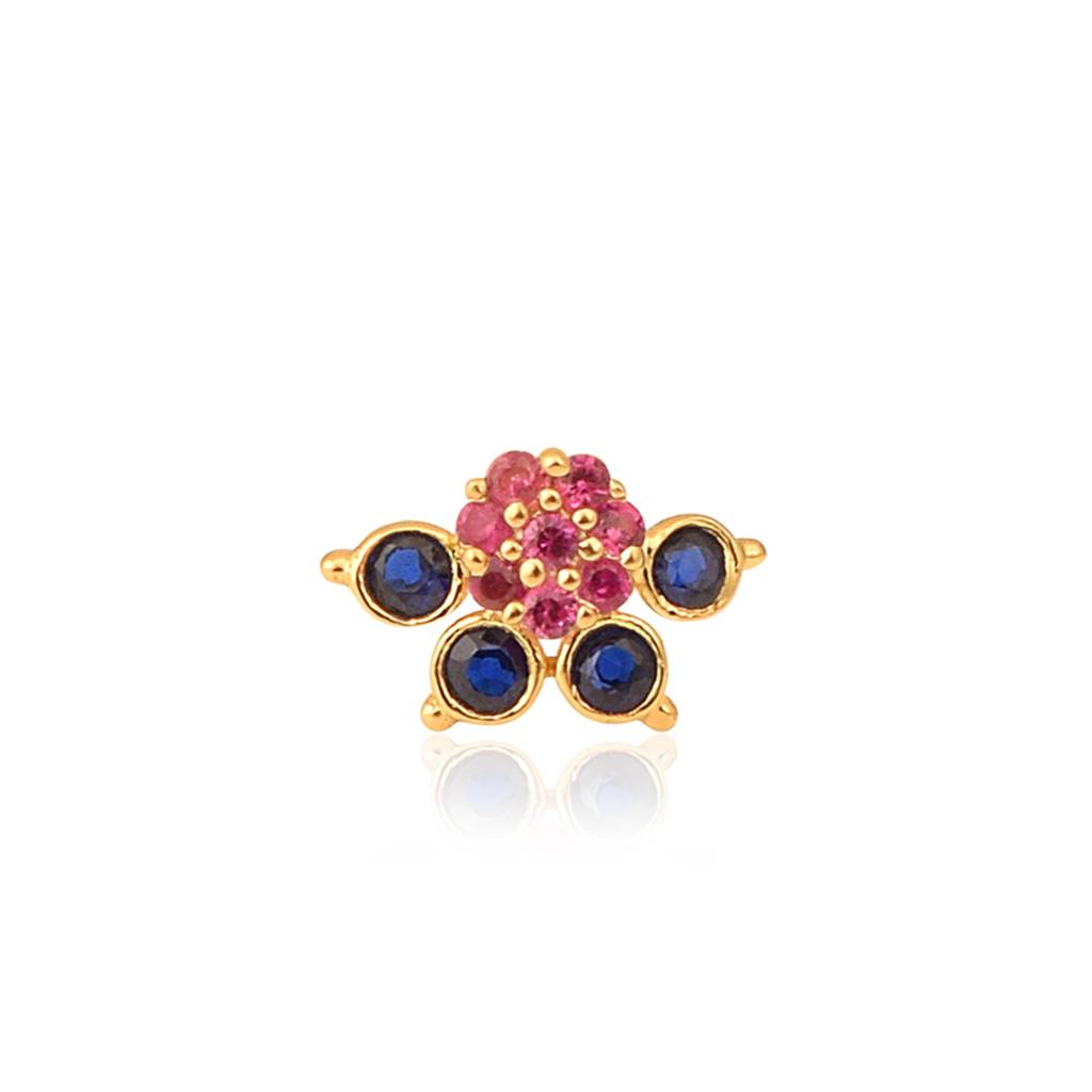 Red & Blue Cz Floral Nose Pin - Sterling Silver Gold Plated : NP-00097_925S_W_RED