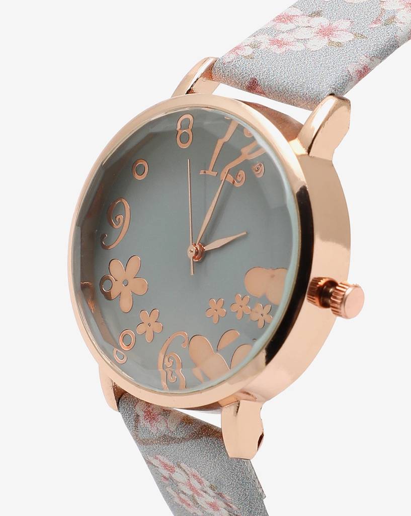Grey & Champagne Gold Decorative Analog Round Dial With Floral Printed Leather Strap : HSWC1032