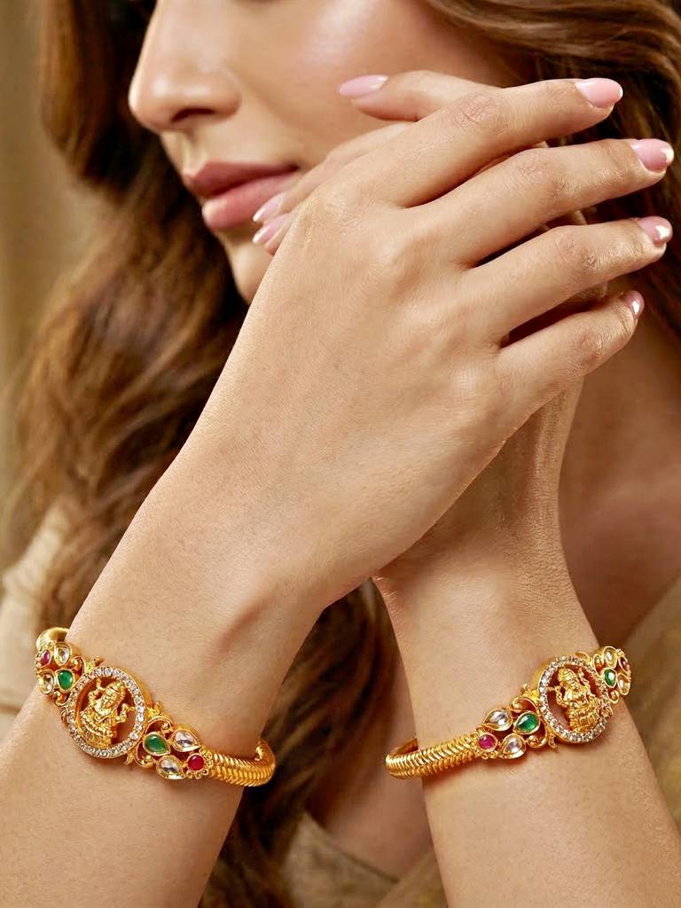 Gold Plated Laxmi Ji Temple Design Ad Bangle For Women With Pink, Green & White Stones | Traditional Brid : 655-C1BG-2197-2-24