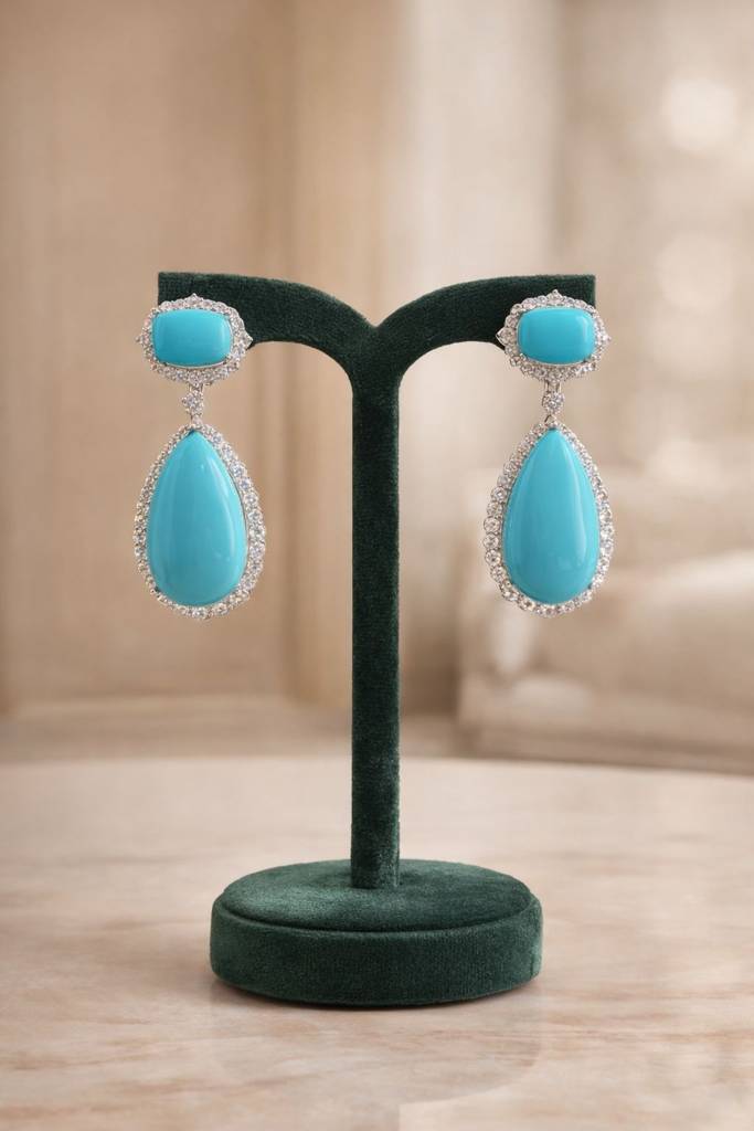 Turquise Blue American Diamond Studded Premium Party Long Earrings : 100009
