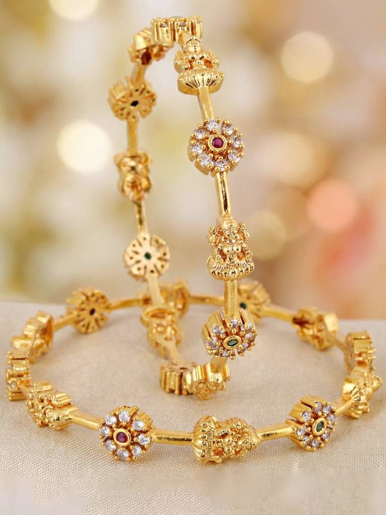 Gold Plated Laxmi Ji Floral Design Ad Bangle For Women With Pink & Green Stones | Temple Style Bridal Eth : 699-C1BG-2200-2-24
