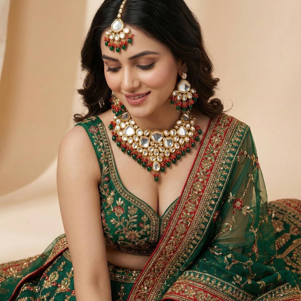 18 Kt Gold Plated Bridal & Semi-Bridal Necklace Set With Earrings & Maang Tikka : 3947-J5SK-1574-REDG