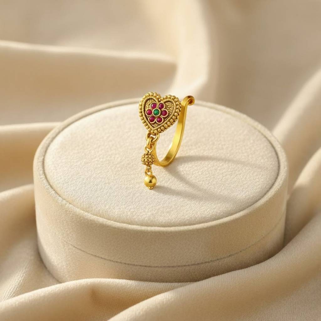 Floral Ruby & Green Stone Heart Clip-On Nose Pin 925 Sterling Silver Yellow Plated : CNP-0033