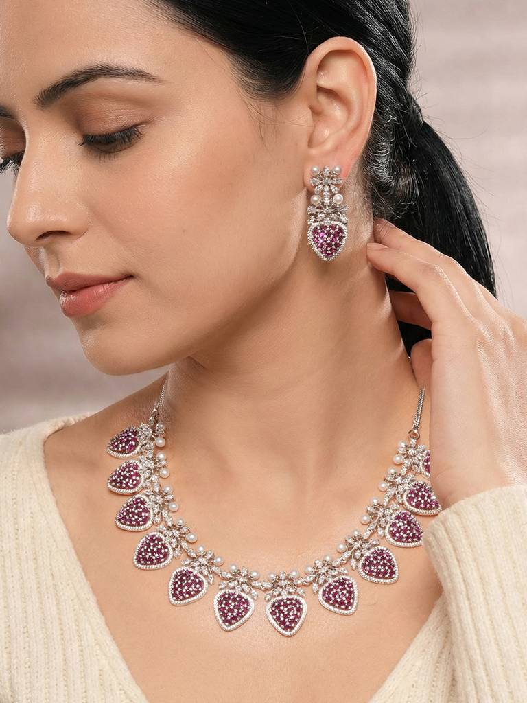 Antique Silver Plated Pearl Studded Cocktail Bridal Statement Jewellery Set : SJNK2992