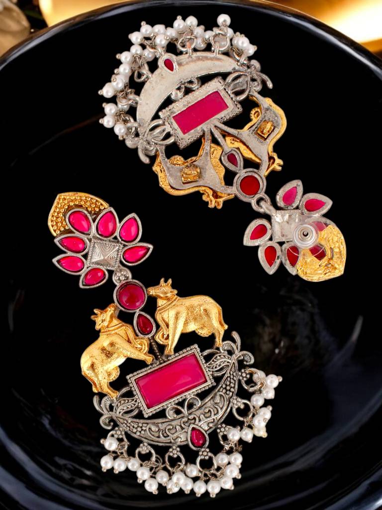 Trendy Celebrity-Inspired Oxidised Silver Magenta Color Earrings For Girls & Women : 410-KEO-14539-R-SG