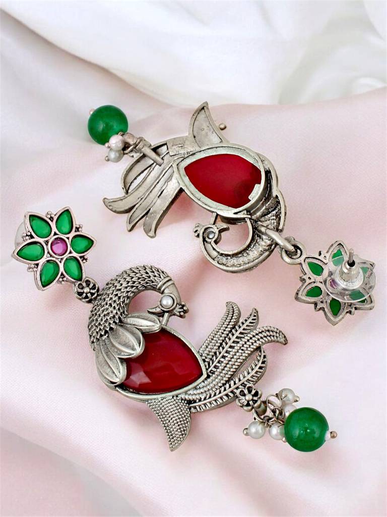Oxidised Silver Celebrity-Inspired Earrings For Girls & Women | Peacock Earing Set : 390-KEO-14042-RG-S