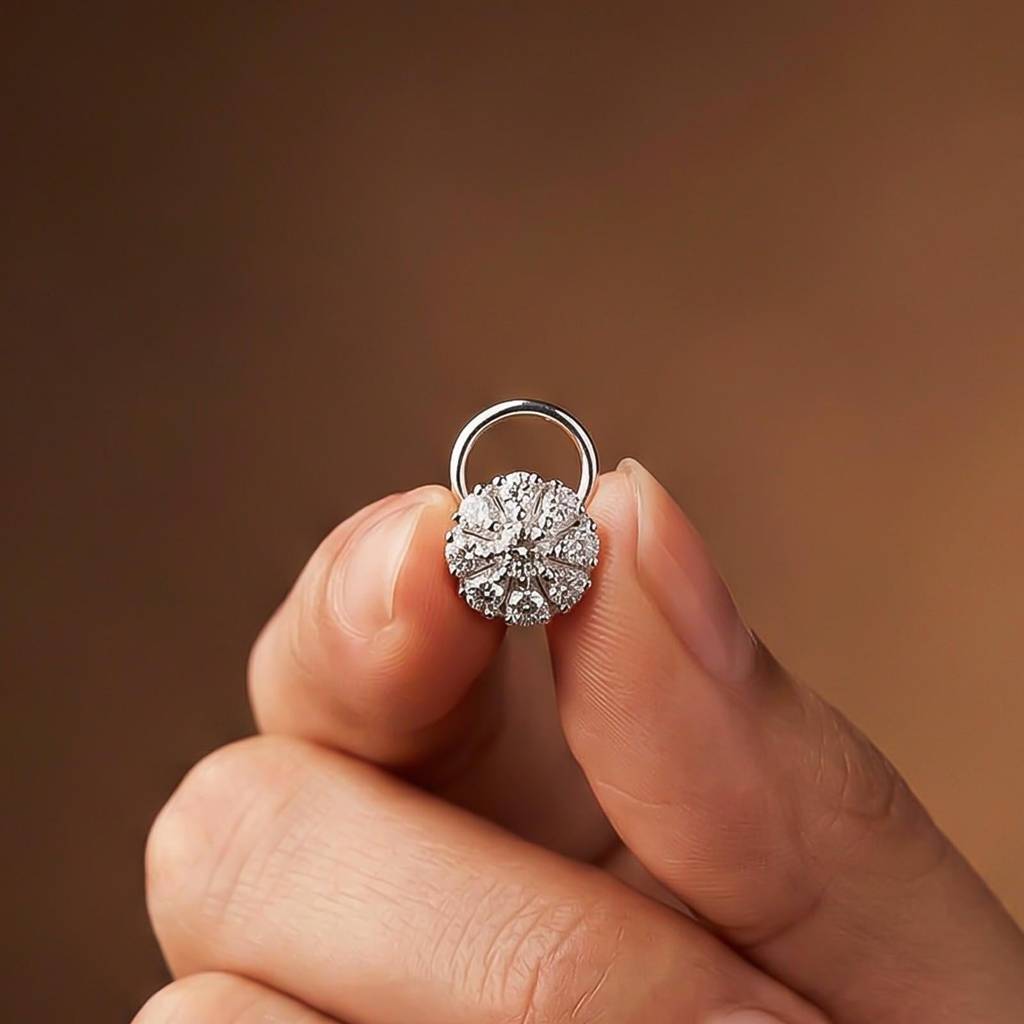 Silver Round Floral Cluster Cz Nose Pin For Women : ZLNSP-1006