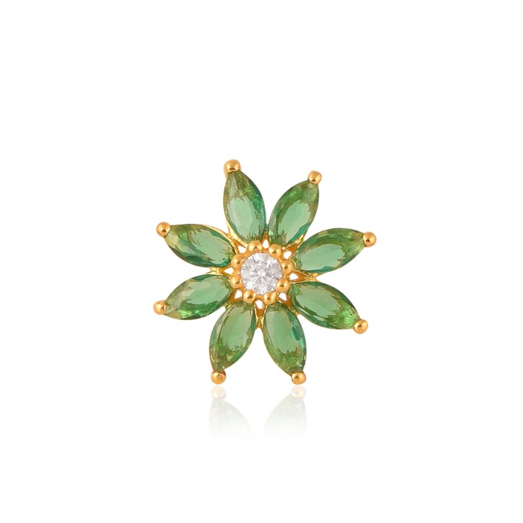 Green Cz Daisy Floral Design Nose Pin - Sterling Silver Gold Plated : NP-00087_925S_YG
