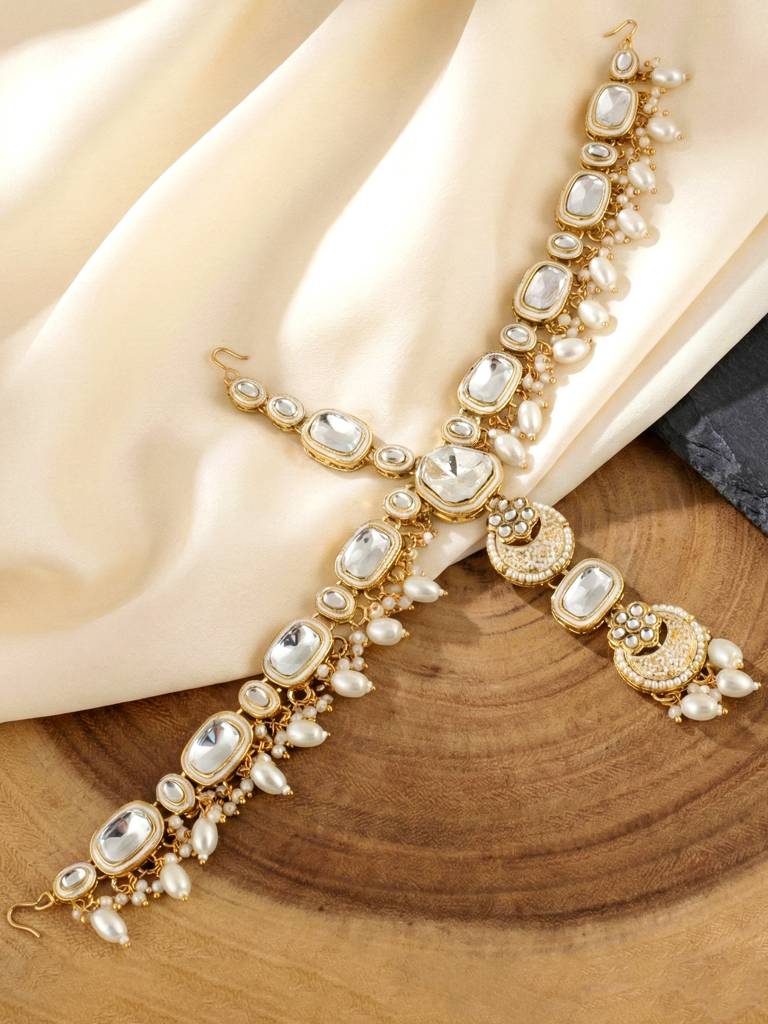 Gold Plated Kundan White Beads Choker Jewellery Set For Women | White Meenakari Bridal Ethnic Necklace Set W : 4554-IZS-0003-W