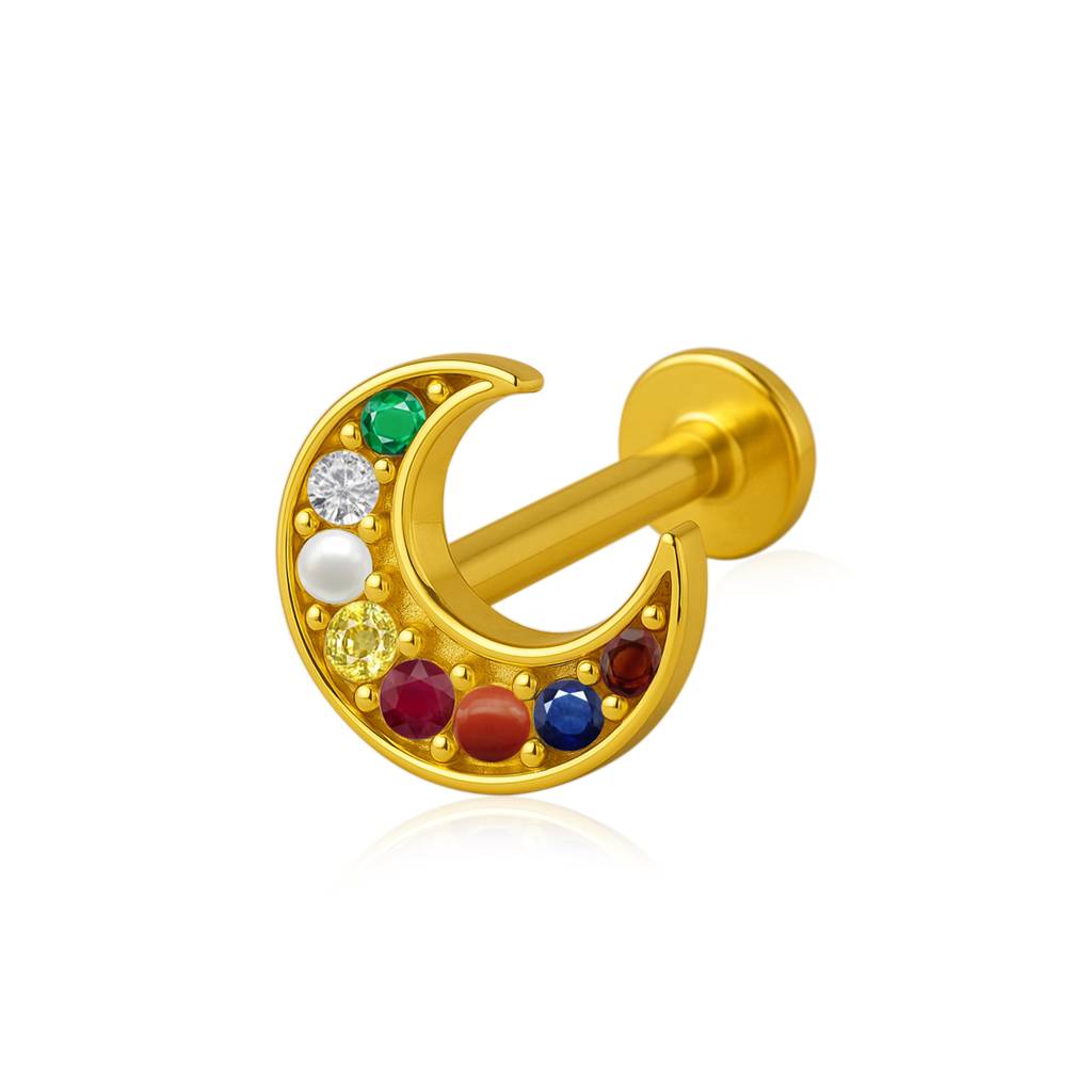 Crescent Moon Multigems Nose Pin 925 Sterling Silver Gold Plated : 0004-NP-snp-0056