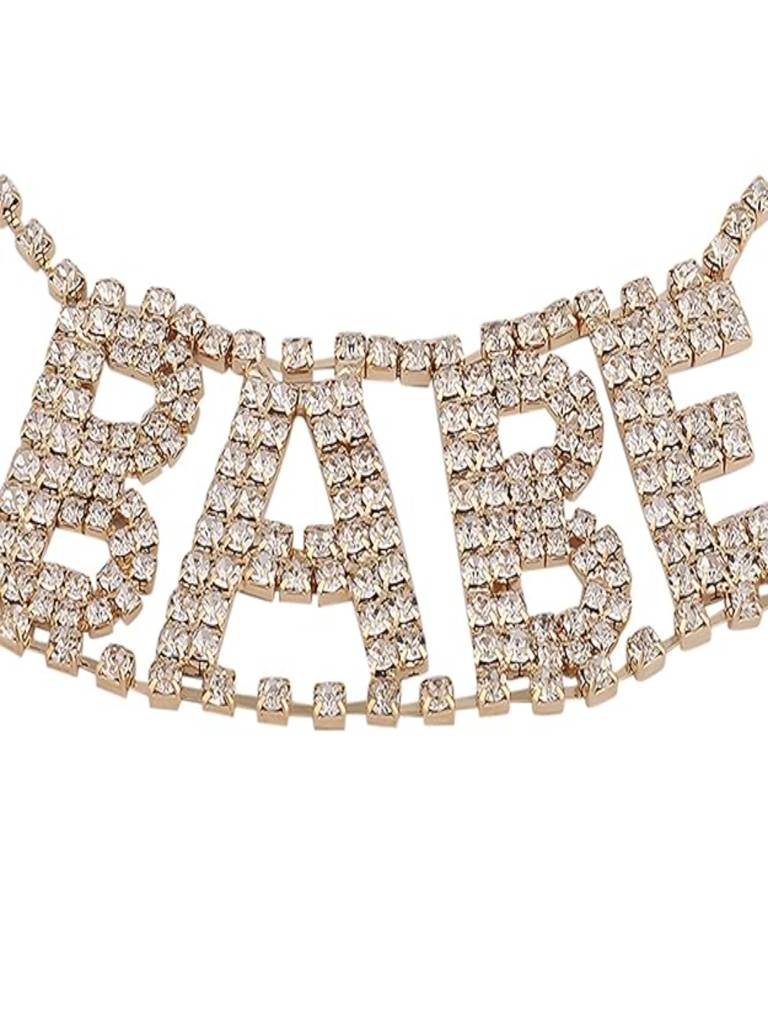Gold-Toned Rhinestones Studded Babe Party Choker Necklace : ASX0421N345